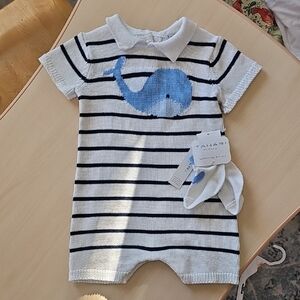 Tahari White and Navy Striped Baby Romper with Blue Whale